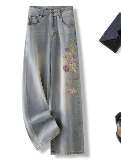 Premium Heavy Embroidery High-Waist Slimming Straight Leg Tencel Denim Jeans